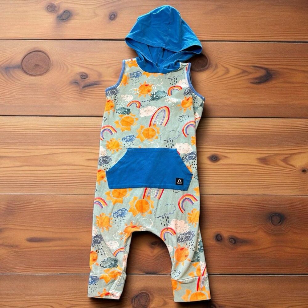 Rags To Raches 3t 4t Rainbow Rain Sunshine Weather Romper Soft Sleeveless Hooded